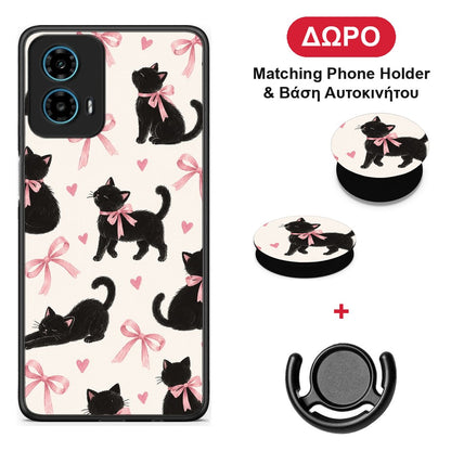 Black Kittens and Pink Bows on Cream Large - Motorola G34 5G θήκη + Δώρο Phone Holder & Βάση Αυτοκινήτου