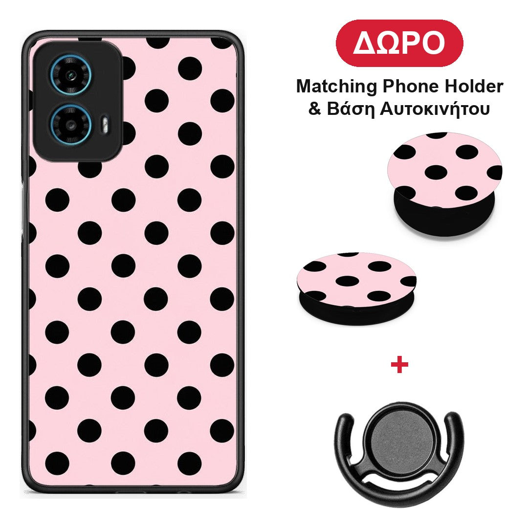 Black Polka Dots on Pink - Motorola G34 5G θήκη + Δώρο Phone Holder & Βάση Αυτοκινήτου