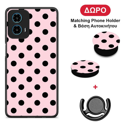 Black Polka Dots on Pink - Motorola G34 5G θήκη + Δώρο Phone Holder & Βάση Αυτοκινήτου