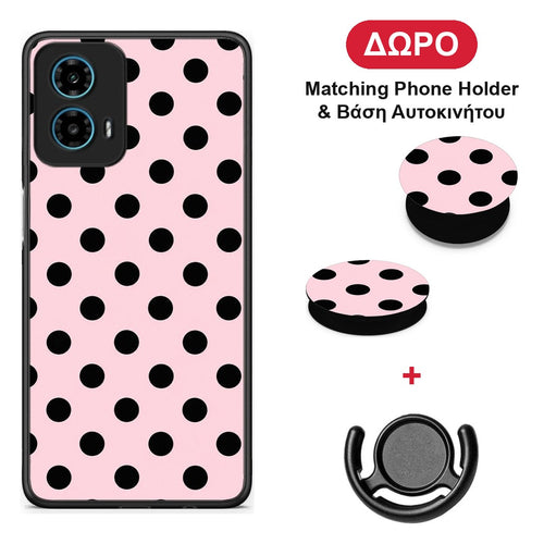 Black Polka Dots on Pink - Motorola G34 5G θήκη + Δώρο Phone Holder & Βάση Αυτοκινήτου
