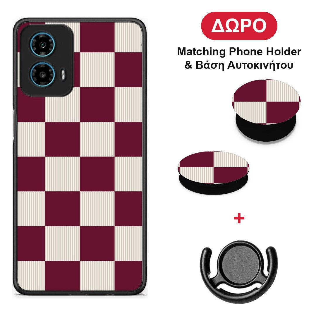 Burgundy and Cream Striped Checks - Motorola G34 5G θήκη + Δώρο Phone Holder & Βάση Αυτοκινήτου