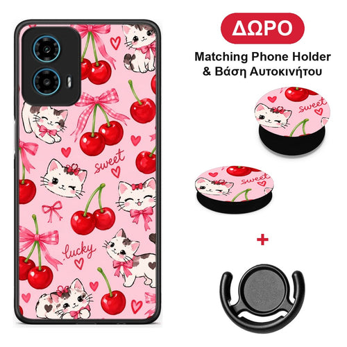 Cherries Bows and Kittens on Pink - Motorola G34 5G θήκη + Δώρο Phone Holder & Βάση Αυτοκινήτου