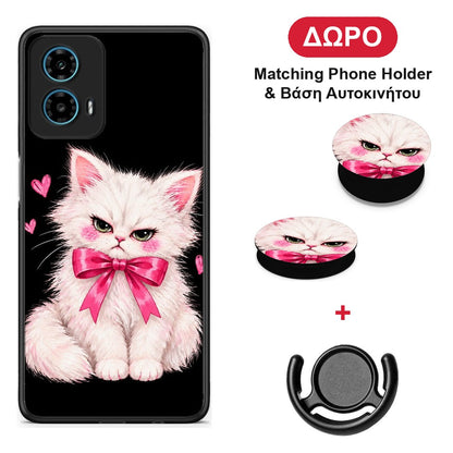 Grumpy Party Kitten on Black - Motorola G34 5G θήκη + Δώρο Phone Holder & Βάση Αυτοκινήτου