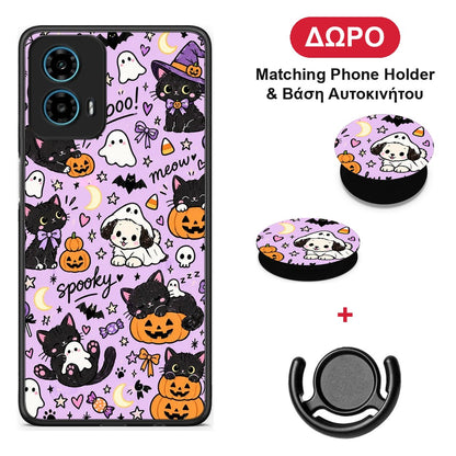 Halloween Black Cats on Lilac - Motorola G34 5G θήκη + Δώρο Phone Holder & Βάση Αυτοκινήτου