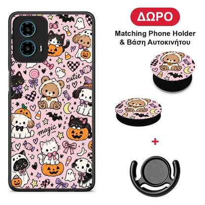 Halloween Cute Animals on Pink - Motorola G34 5G θήκη + Δώρο Phone Holder & Βάση Αυτοκινήτου