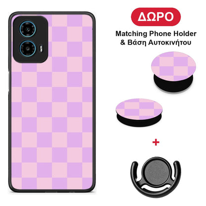 Lavender and Pink Checkerboard - Motorola G34 5G θήκη + Δώρο Phone Holder & Βάση Αυτοκινήτου