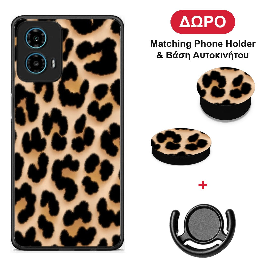 Leopard Print Tan Large - Motorola G34 5G θήκη + Δώρο Phone Holder & Βάση Αυτοκινήτου