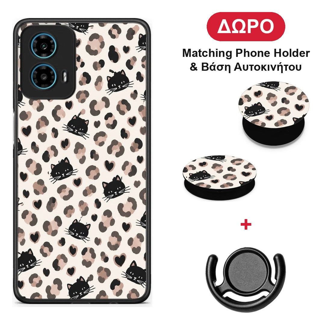 Leopard Spots and Black Cats on Cream - Motorola G34 5G θήκη + Δώρο Phone Holder & Βάση Αυτοκινήτου