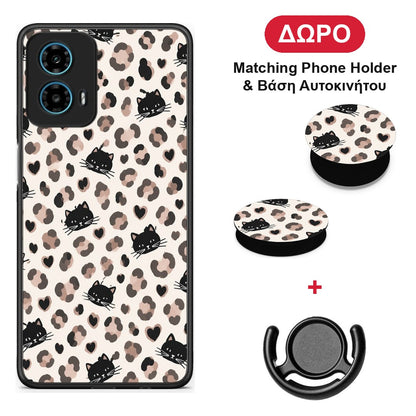 Leopard Spots and Black Cats on Cream - Motorola G34 5G θήκη + Δώρο Phone Holder & Βάση Αυτοκινήτου