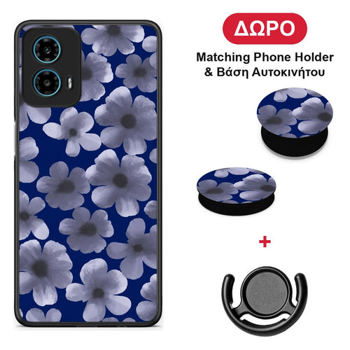 Pale Blue Flowers on Navy - Motorola G34 5G θήκη + Δώρο Phone Holder & Βάση Αυτοκινήτου