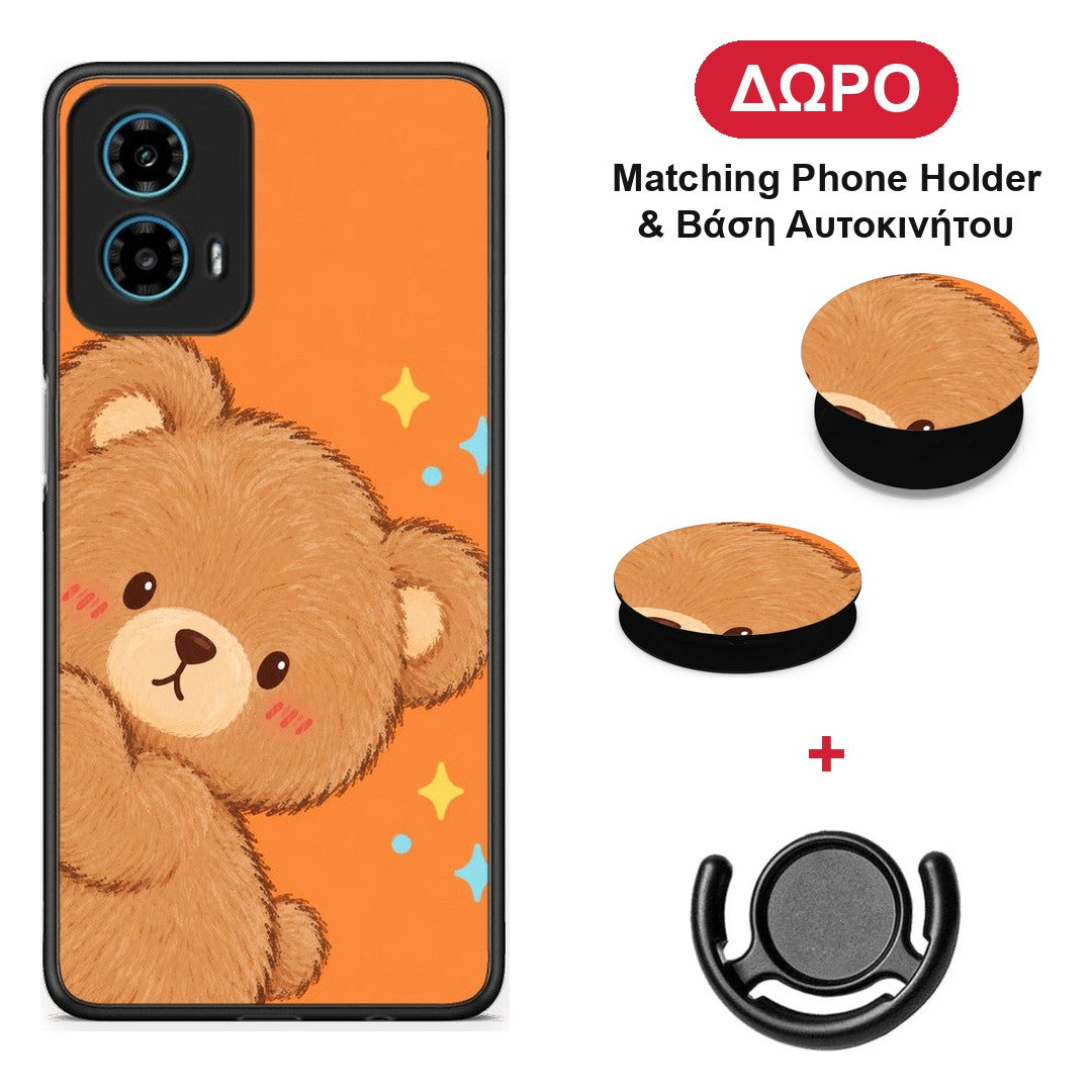 Peekaboo Teddy on Orange - Motorola G34 5G θήκη + Δώρο Phone Holder & Βάση Αυτοκινήτου