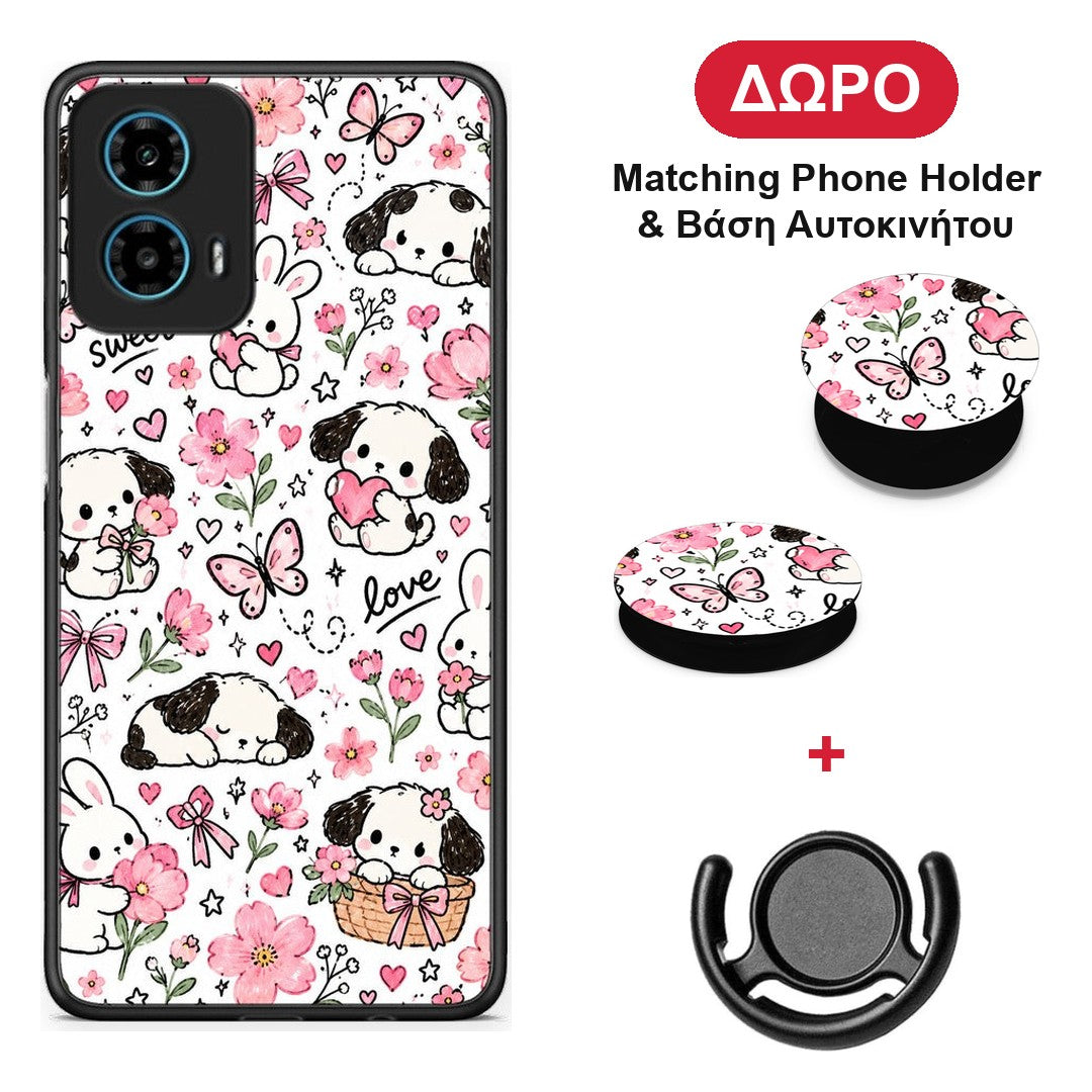 Pink Florals Puppies and Bunnies on White - Motorola G34 5G θήκη + Δώρο Phone Holder & Βάση Αυτοκινήτου