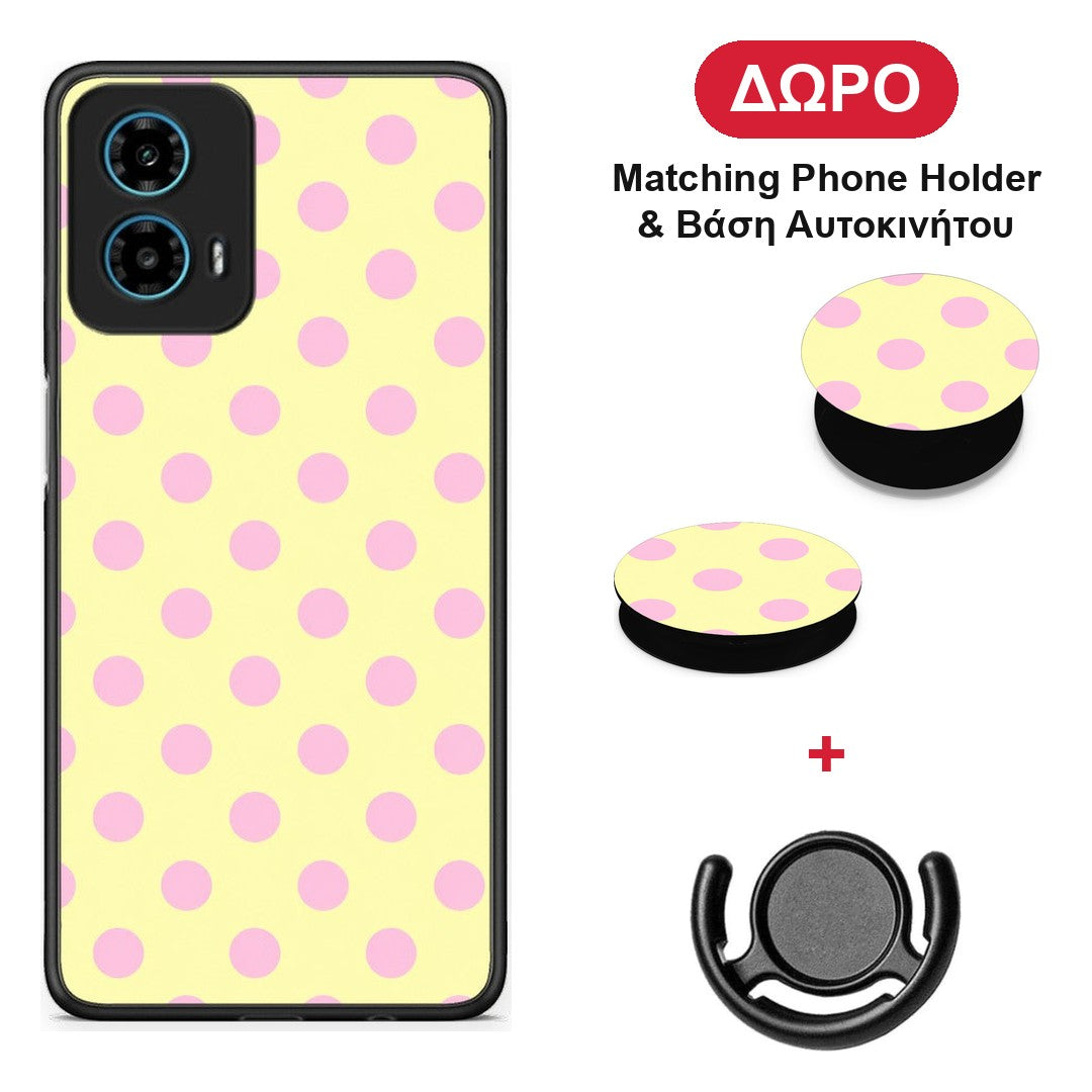 Pink Polka Dots on Yellow - Motorola G34 5G θήκη + Δώρο Phone Holder & Βάση Αυτοκινήτου