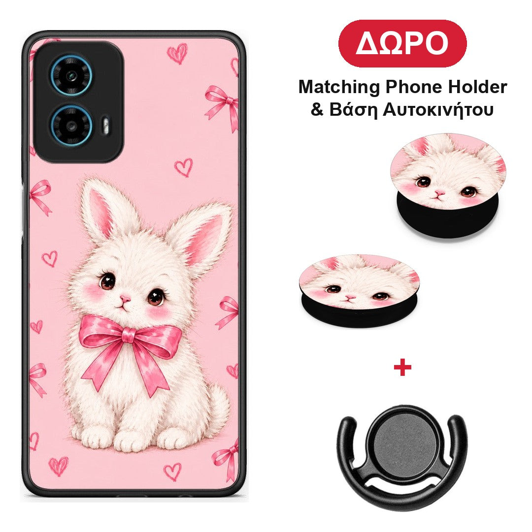 White Bunny and Pink Bows - Motorola G34 5G θήκη + Δώρο Phone Holder & Βάση Αυτοκινήτου