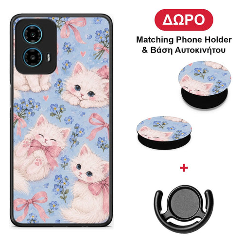 White Kittens and Blue Flowers Large - Motorola G34 5G θήκη + Δώρο Phone Holder & Βάση Αυτοκινήτου