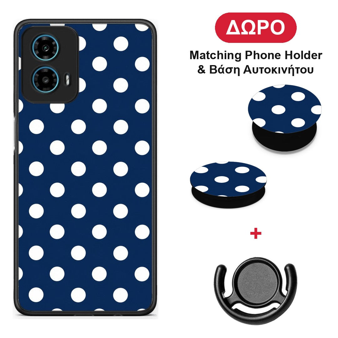 White Large Polka Dots on Navy - Motorola G34 5G θήκη + Δώρο Phone Holder & Βάση Αυτοκινήτου