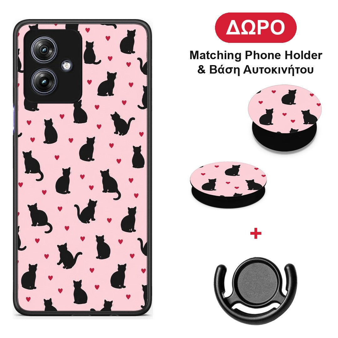Black Cat Silhouettes and Hearts on Pink - Motorola Moto G54 θήκη + Δώρο Phone Holder & Βάση Αυτοκινήτου