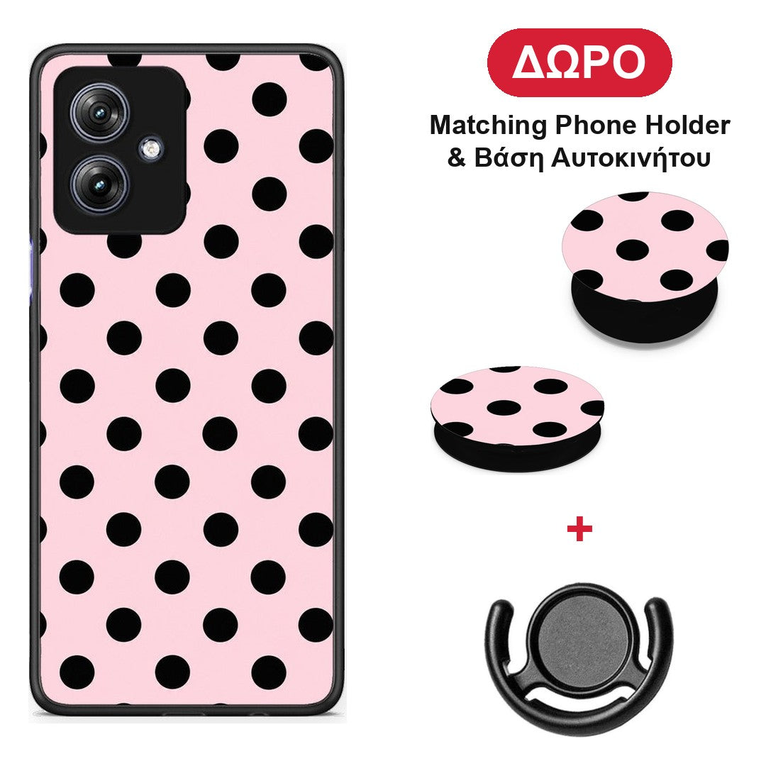 Black Polka Dots on Pink - Motorola Moto G54 θήκη + Δώρο Phone Holder & Βάση Αυτοκινήτου