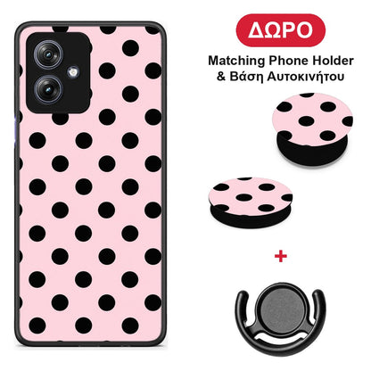 Black Polka Dots on Pink - Motorola Moto G54 θήκη + Δώρο Phone Holder & Βάση Αυτοκινήτου