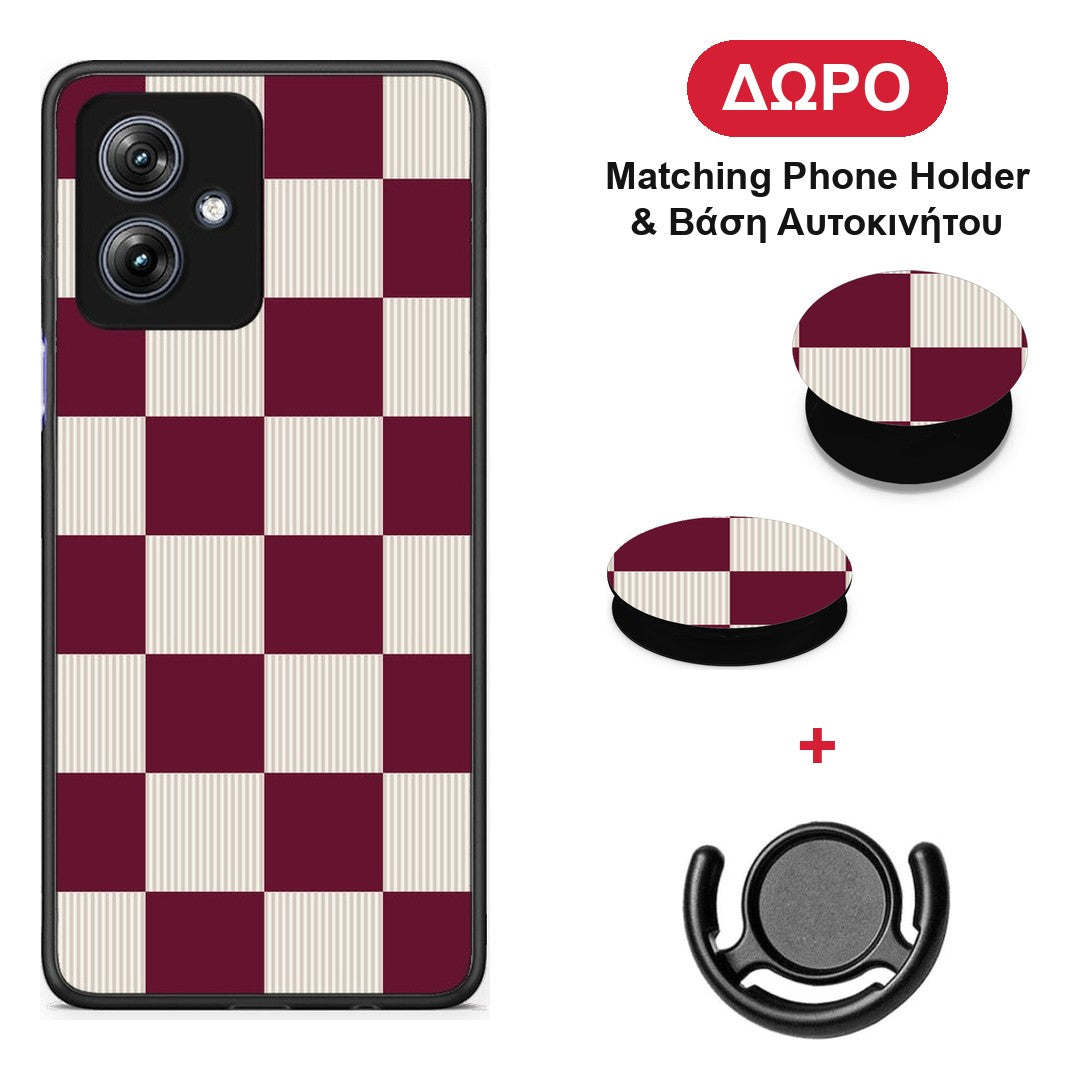Burgundy and Cream Striped Checks - Motorola Moto G54 θήκη + Δώρο Phone Holder & Βάση Αυτοκινήτου
