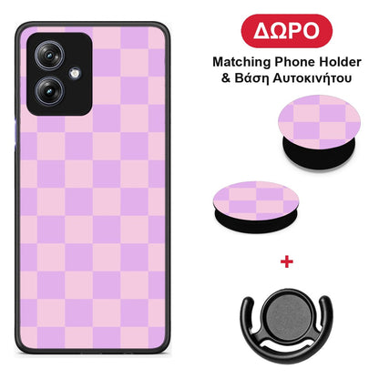 Lavender and Pink Checkerboard - Motorola Moto G54 θήκη + Δώρο Phone Holder & Βάση Αυτοκινήτου