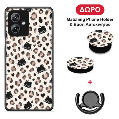 Leopard Spots and Black Cats on Cream - Motorola Moto G54 θήκη + Δώρο Phone Holder & Βάση Αυτοκινήτου
