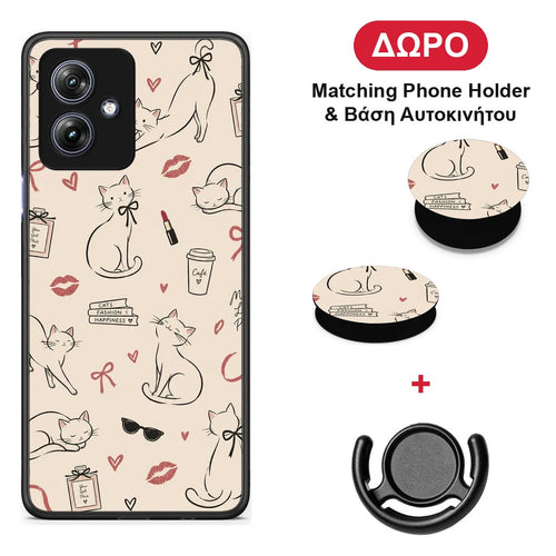Minimal Cat and Fashion Doodles on Cream - Motorola Moto G54 θήκη + Δώρο Phone Holder & Βάση Αυτοκινήτου