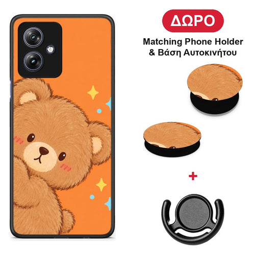 Peekaboo Teddy on Orange - Motorola Moto G54 θήκη + Δώρο Phone Holder & Βάση Αυτοκινήτου
