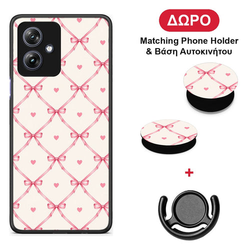 Pink Bow Lattice and Hearts on Cream - Motorola Moto G54 θήκη + Δώρο Phone Holder & Βάση Αυτοκινήτου