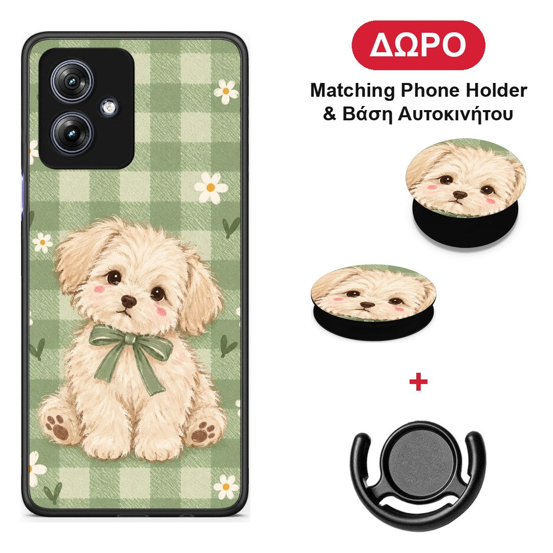 Puppy and Daisies on Sage Gingham - Motorola Moto G54 θήκη + Δώρο Phone Holder & Βάση Αυτοκινήτου