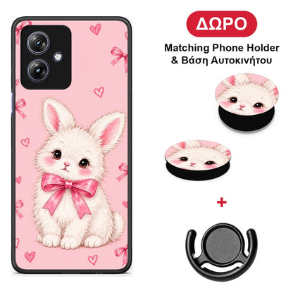 White Bunny and Pink Bows - Motorola Moto G54 θήκη + Δώρο Phone Holder & Βάση Αυτοκινήτου