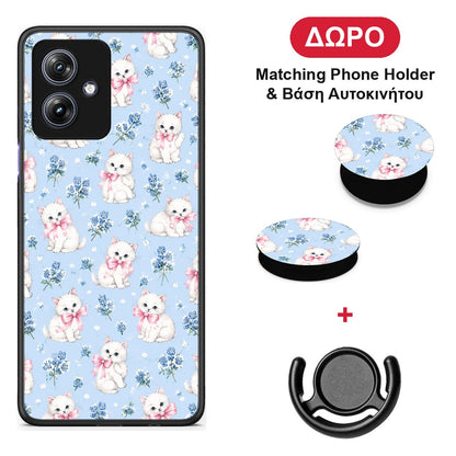 White Kittens and Blue Flowers Small - Motorola Moto G54 θήκη + Δώρο Phone Holder & Βάση Αυτοκινήτου