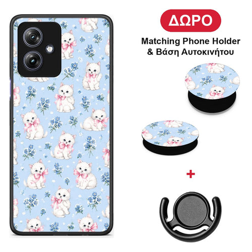 White Kittens and Blue Flowers Small - Motorola Moto G54 θήκη + Δώρο Phone Holder & Βάση Αυτοκινήτου