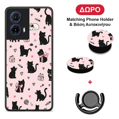 Black Cat Doodles on Pink - Motorola Moto G85 θήκη + Δώρο Phone Holder & Βάση Αυτοκινήτου