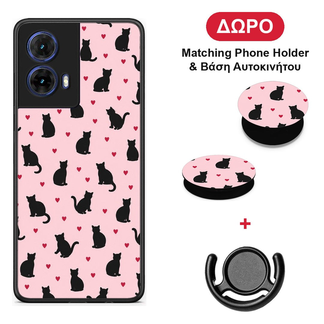 Black Cat Silhouettes and Hearts on Pink - Motorola Moto G85 θήκη + Δώρο Phone Holder & Βάση Αυτοκινήτου