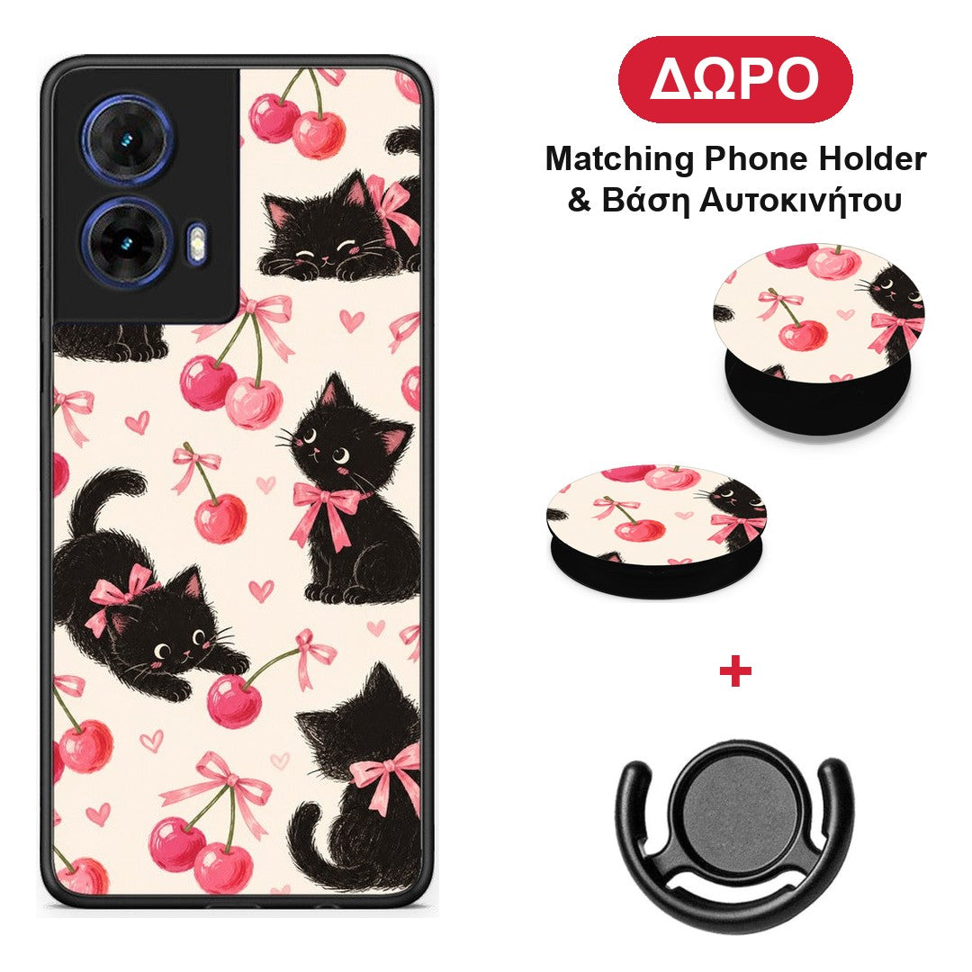 Black Kittens and Cherries on Cream - Motorola Moto G85 θήκη + Δώρο Phone Holder & Βάση Αυτοκινήτου