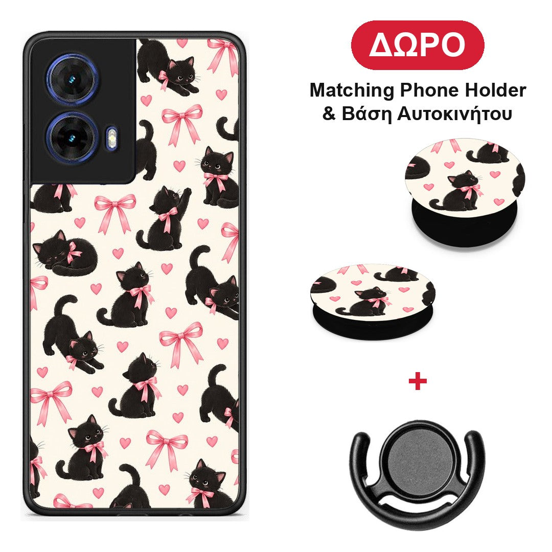 Black Kittens and Pink Bows on Cream Small - Motorola Moto G85 θήκη + Δώρο Phone Holder & Βάση Αυτοκινήτου