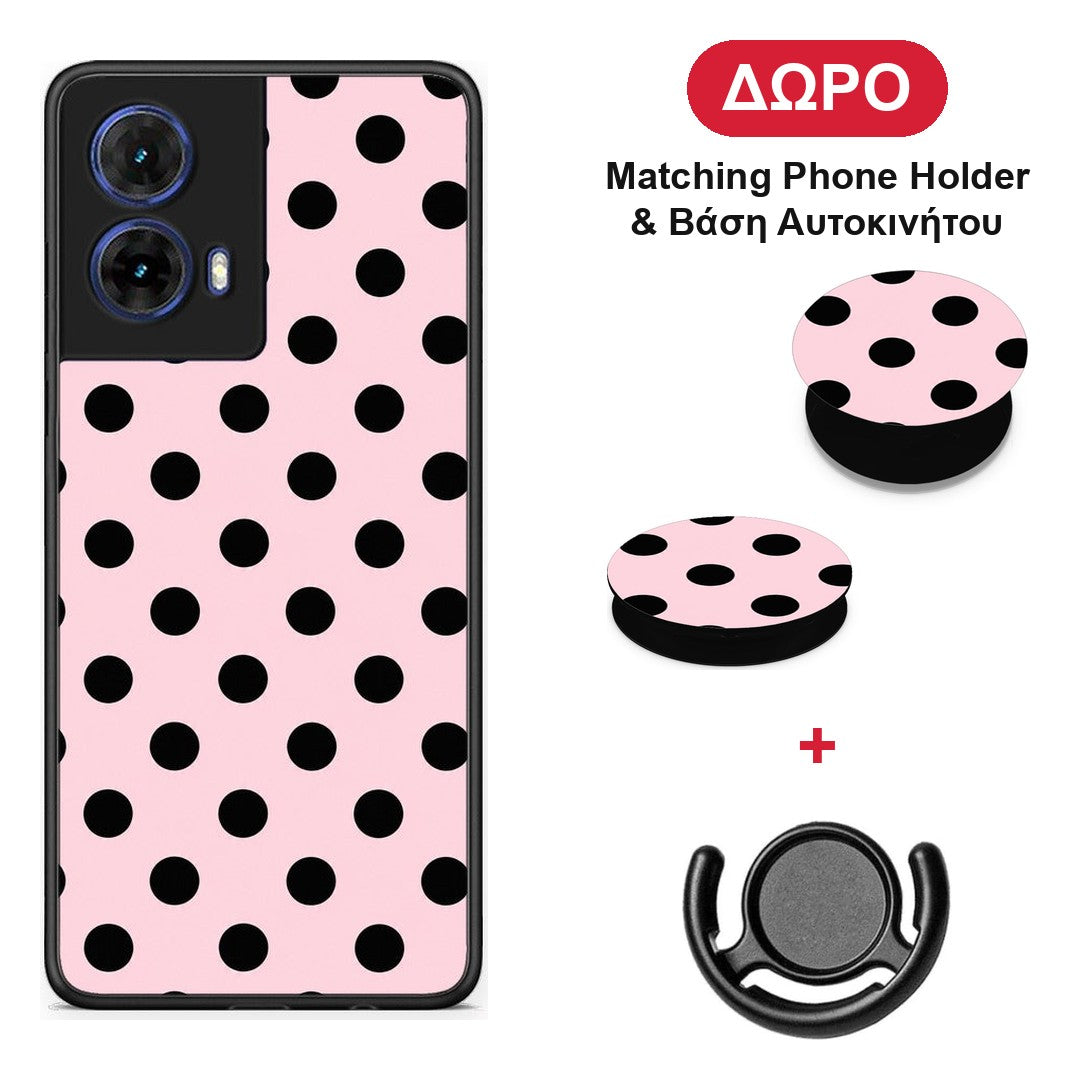 Black Polka Dots on Pink - Motorola Moto G85 θήκη + Δώρο Phone Holder & Βάση Αυτοκινήτου