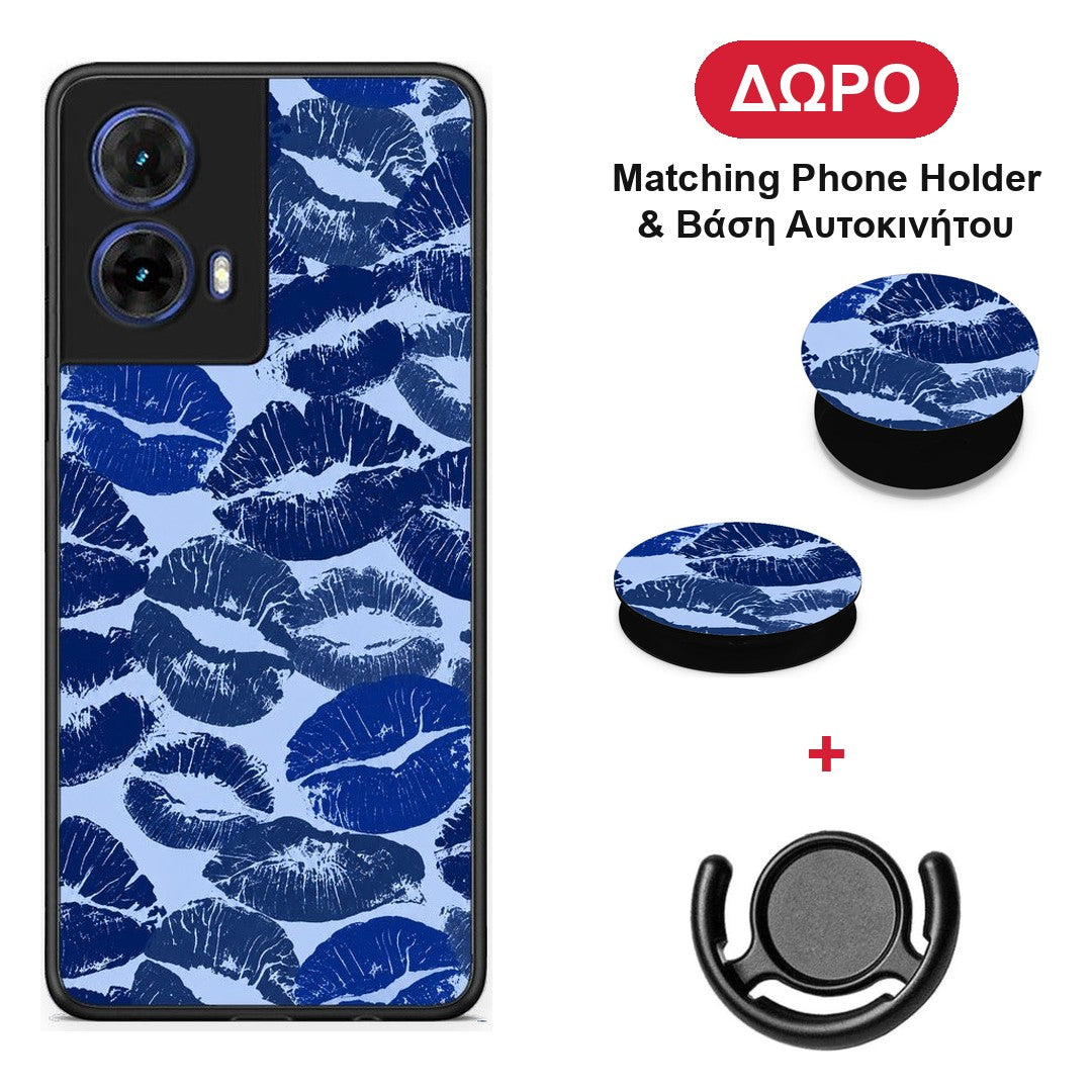 Blue Lipstick Kisses - Motorola Moto G85 θήκη + Δώρο Phone Holder & Βάση Αυτοκινήτου