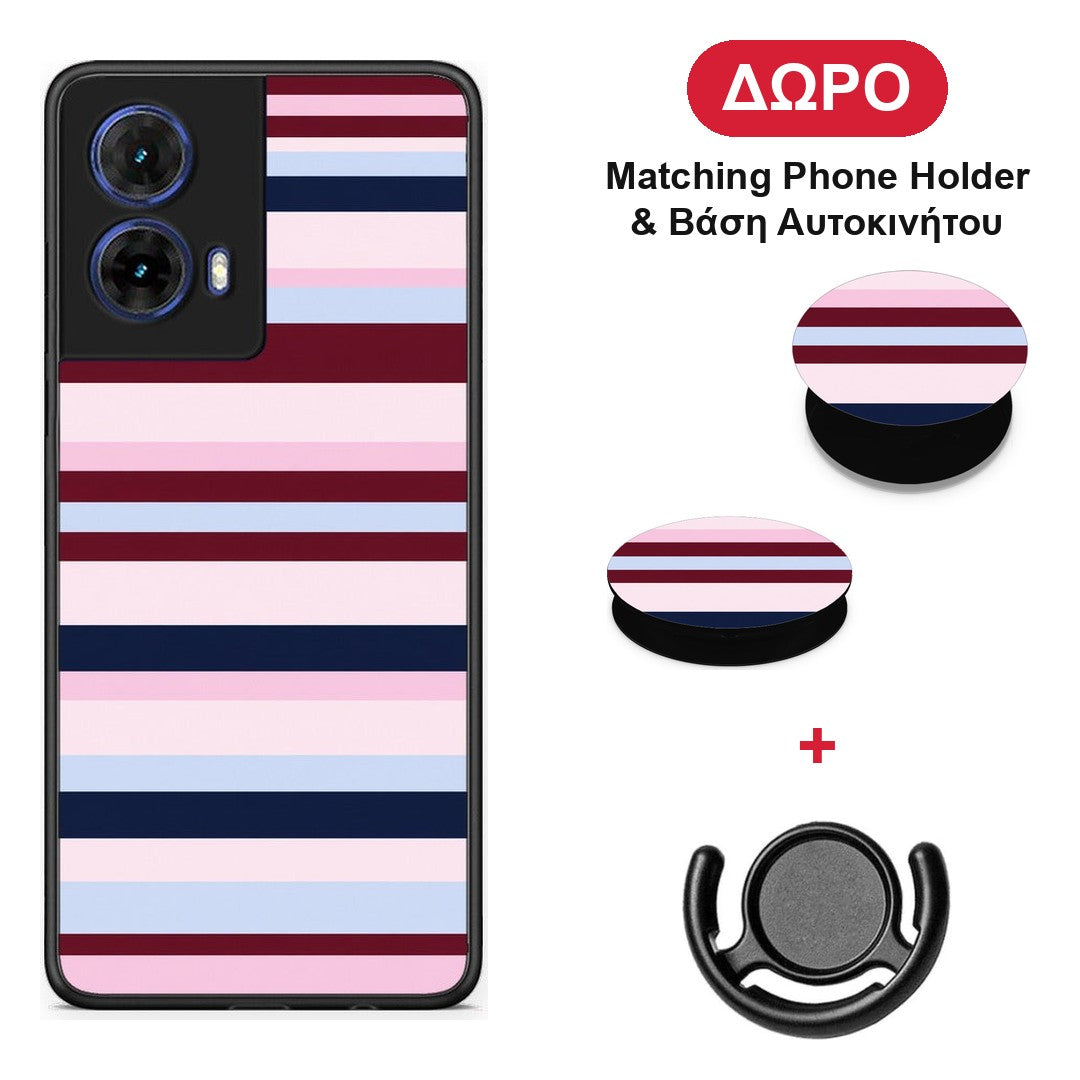 Burgundy Pink and Blue Horizontal Stripes - Motorola Moto G85 θήκη + Δώρο Phone Holder & Βάση Αυτοκινήτου