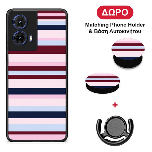 Burgundy Pink and Blue Horizontal Stripes - Motorola Moto G85 θήκη + Δώρο Phone Holder & Βάση Αυτοκινήτου