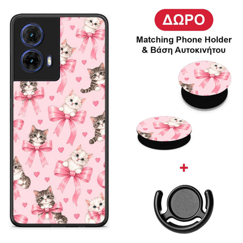 Kittens and Pink Bows on Pink - Motorola Moto G85 θήκη + Δώρο Phone Holder & Βάση Αυτοκινήτου