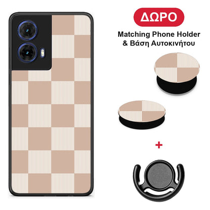 Latte and Cream Striped Checks - Motorola Moto G85 θήκη + Δώρο Phone Holder & Βάση Αυτοκινήτου