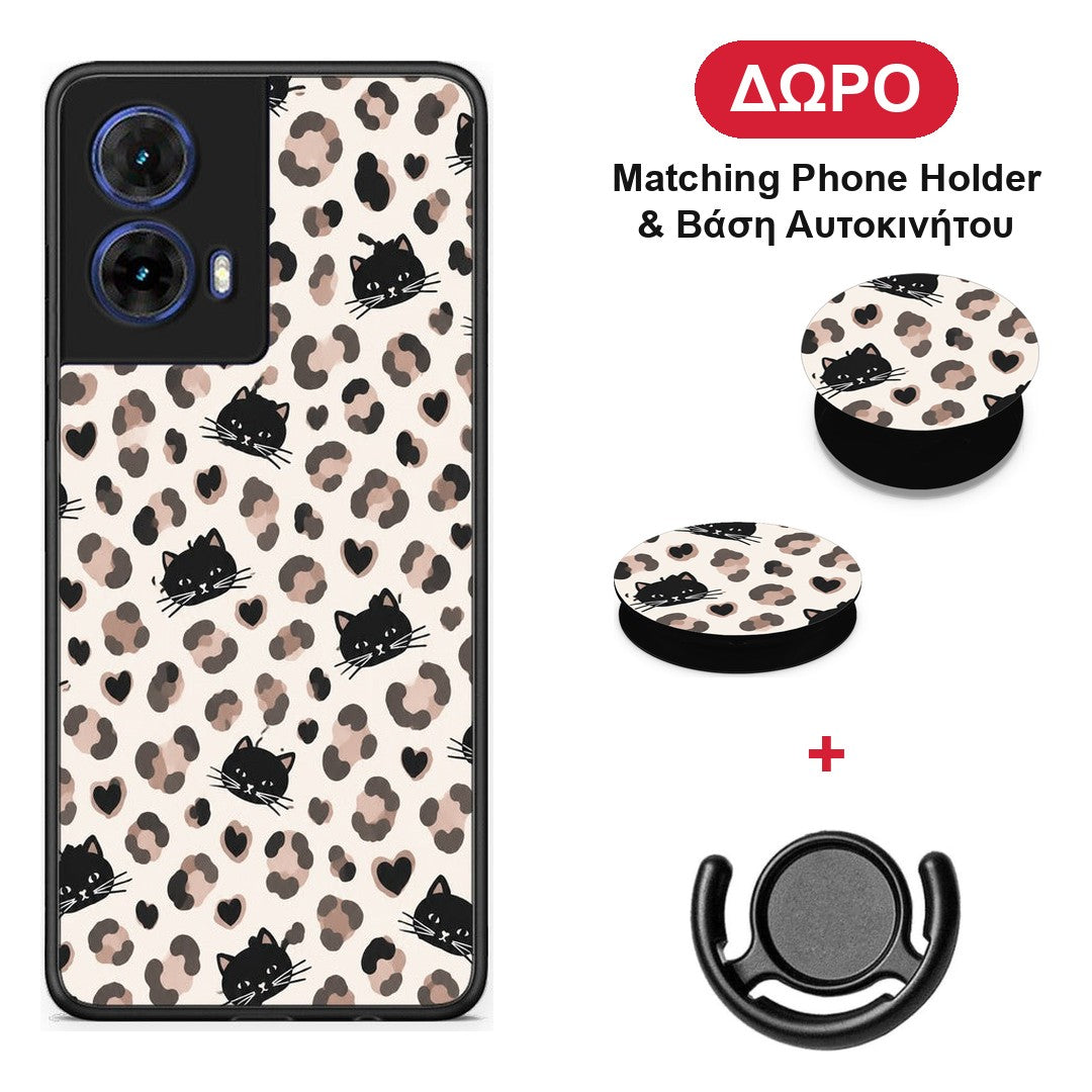 Leopard Spots and Black Cats on Cream - Motorola Moto G85 θήκη + Δώρο Phone Holder & Βάση Αυτοκινήτου