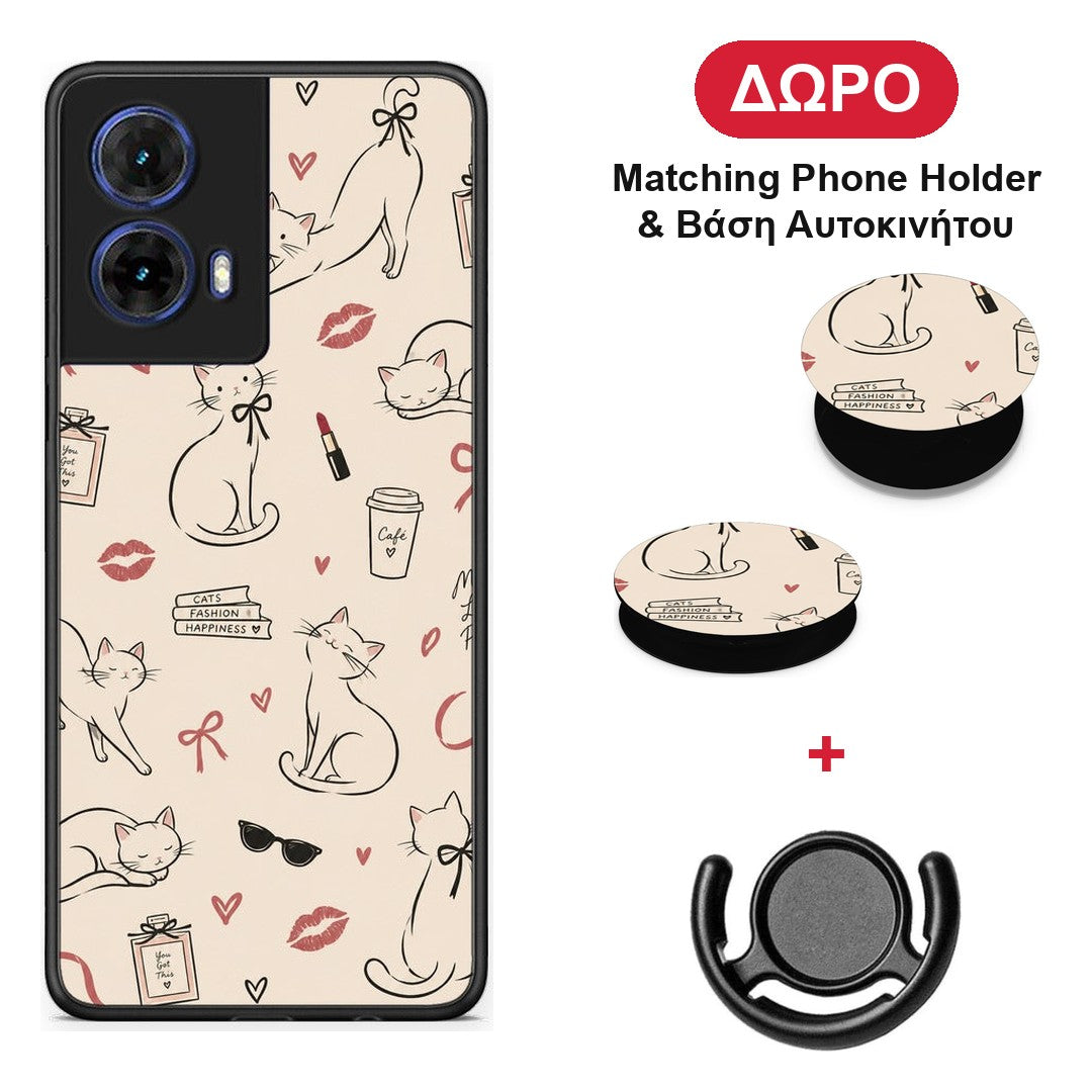 Minimal Cat and Fashion Doodles on Cream - Motorola Moto G85 θήκη + Δώρο Phone Holder & Βάση Αυτοκινήτου