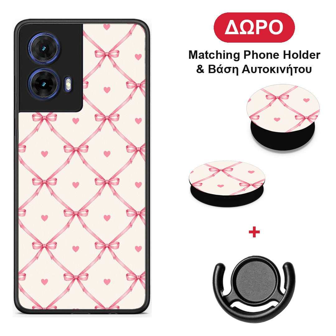 Pink Bow Lattice and Hearts on Cream - Motorola Moto G85 θήκη + Δώρο Phone Holder & Βάση Αυτοκινήτου