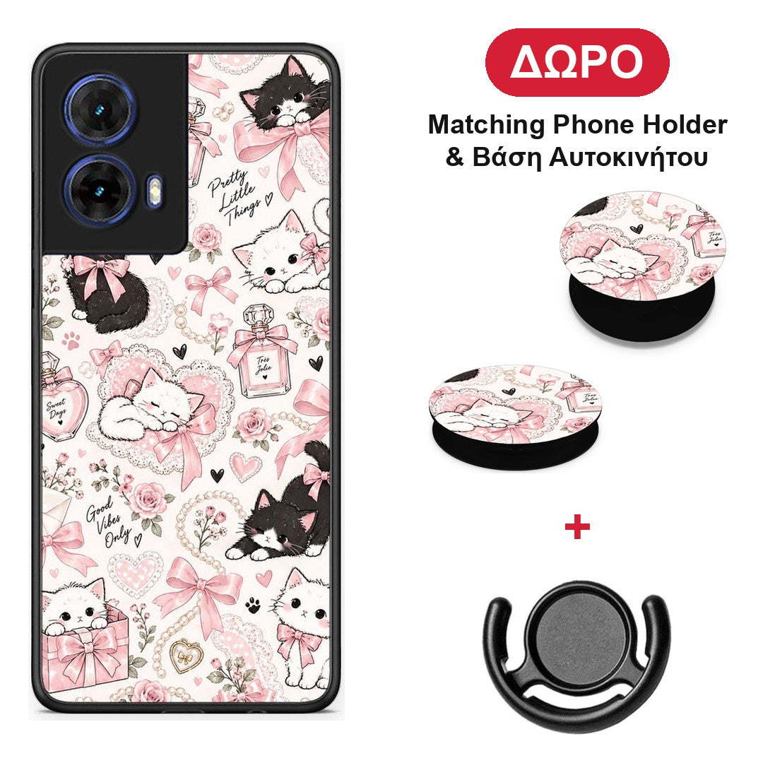 Pink Bows and Kittens Collage - Motorola Moto G85 θήκη + Δώρο Phone Holder & Βάση Αυτοκινήτου