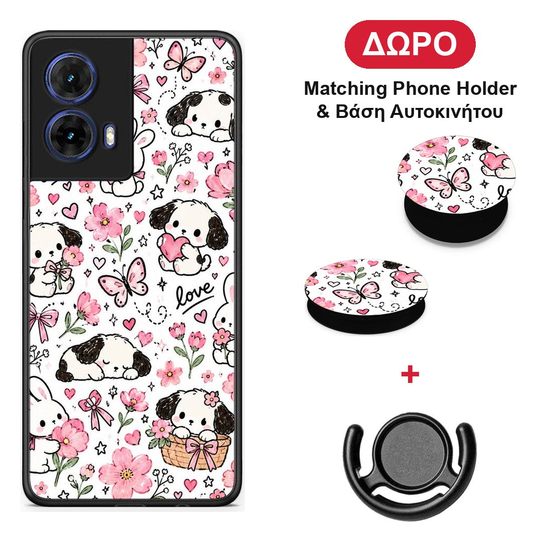 Pink Florals Puppies and Bunnies on White - Motorola Moto G85 θήκη + Δώρο Phone Holder & Βάση Αυτοκινήτου