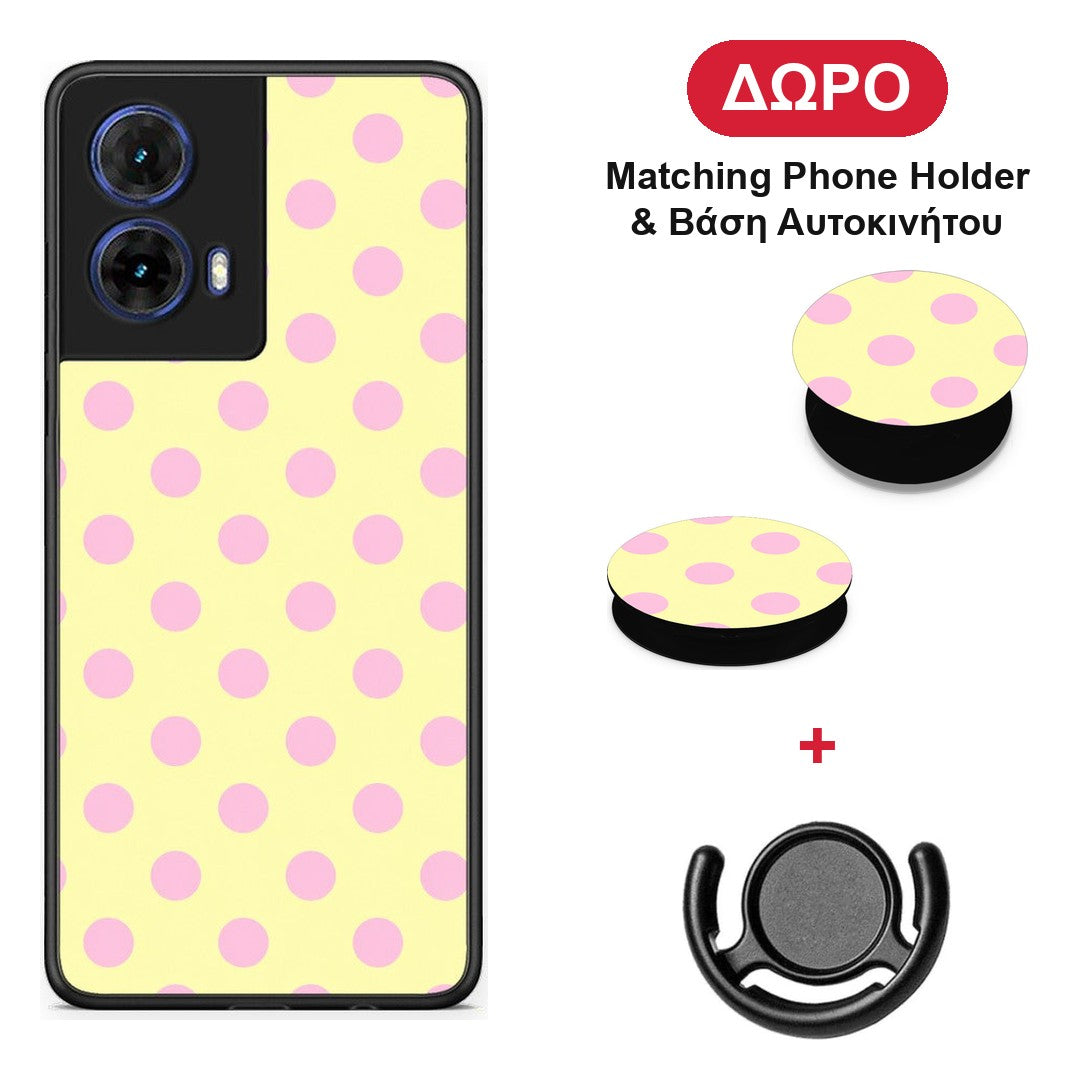 Pink Polka Dots on Yellow - Motorola Moto G85 θήκη + Δώρο Phone Holder & Βάση Αυτοκινήτου