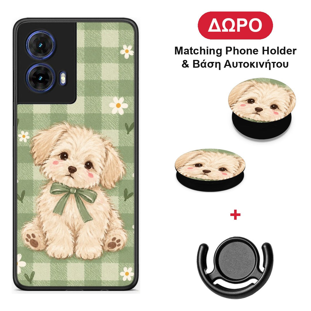 Puppy and Daisies on Sage Gingham - Motorola Moto G85 θήκη + Δώρο Phone Holder & Βάση Αυτοκινήτου